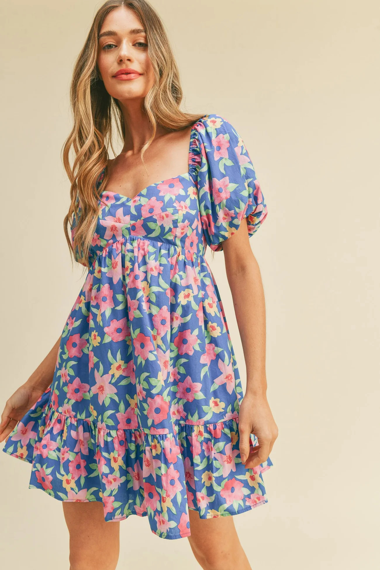Blue Pink Floral Floral Puff Sleeve Babydoll Mini Dress | PinkBlush Maternity