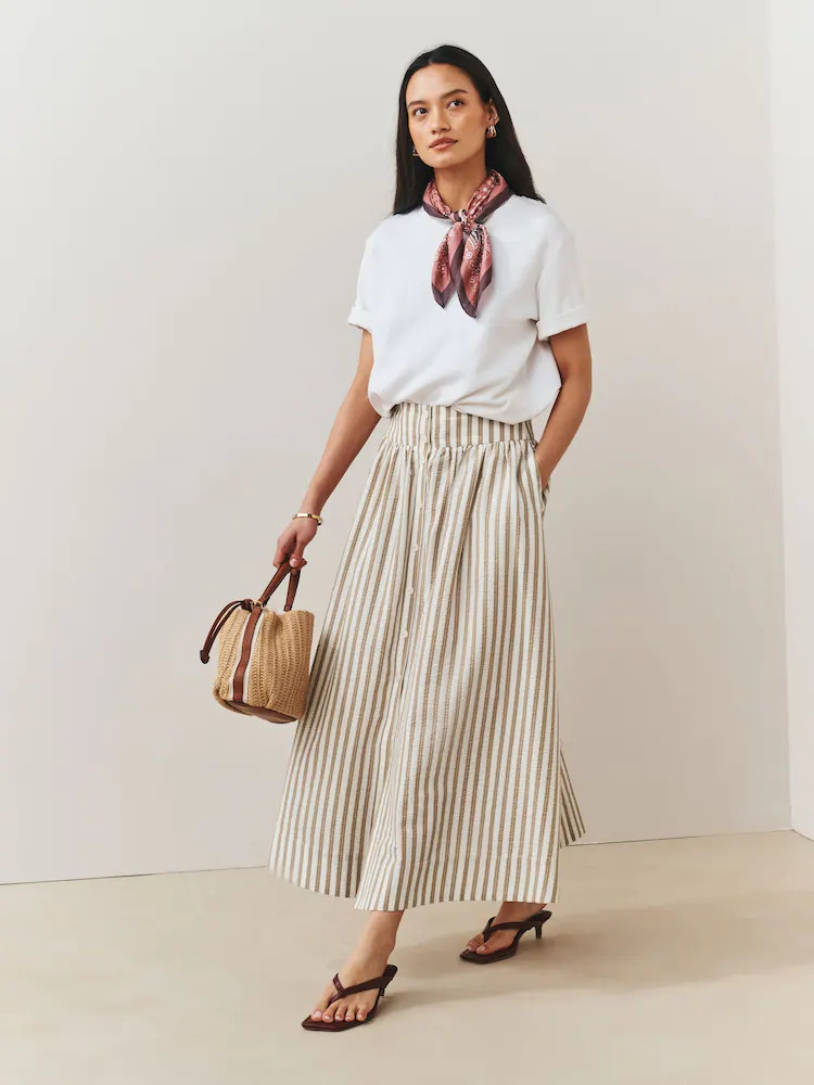 Neutral Stripe Button Down Maxi Skirt | Next US