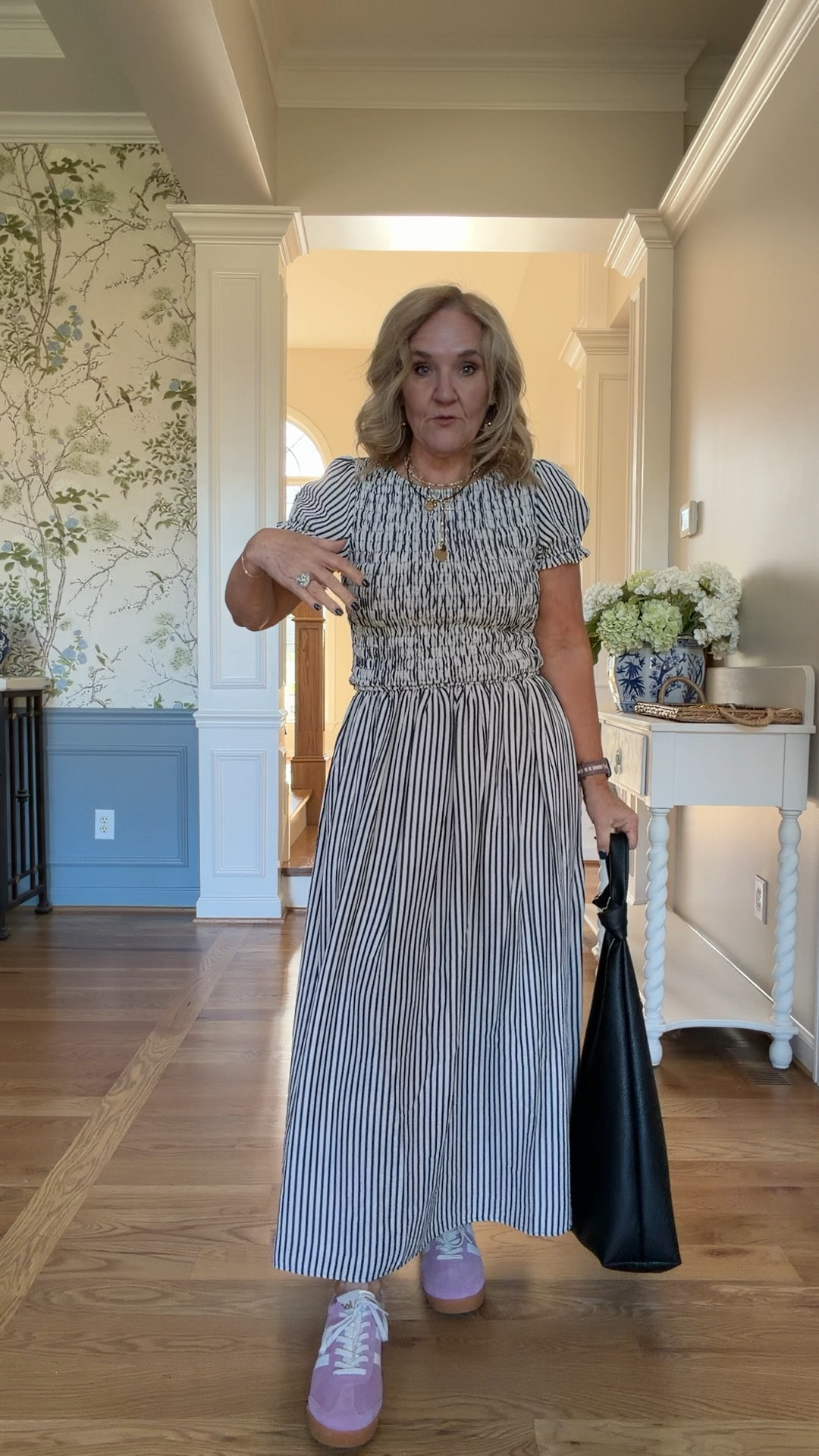 Anthropologie dress has been restocked. I am wearing a size medium. The petite is not available, but I don’t mind the mid length and when I kept the smoking at my waist, I really liked the look
Pink sneakers, true to size with so
I love anthropologies necklace sets they make stacking necklaces so easy

Spring dress vacation dress striped dress baby shower dress

#LTKTravel #LTKSeasonal #LTKOver40