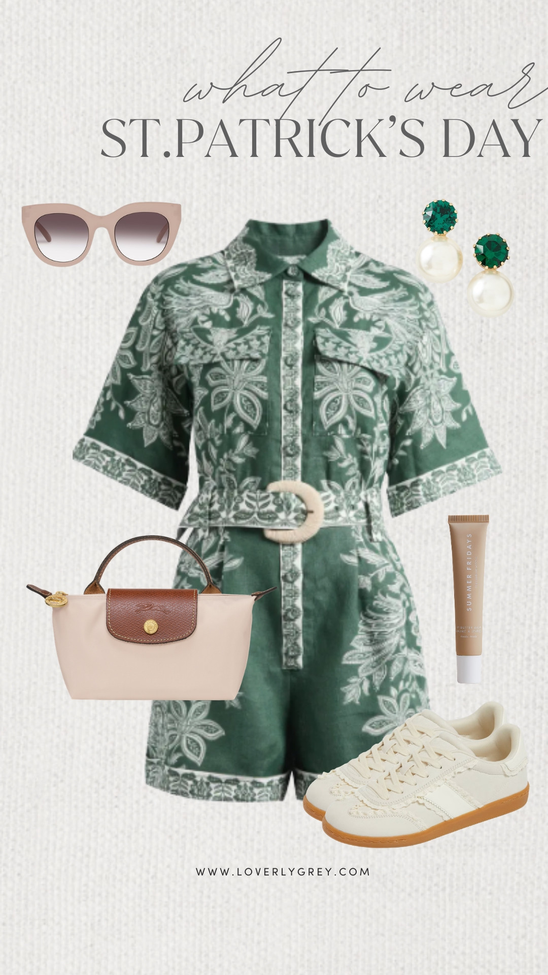 Loverly Grey, what to wear for St. Patrick's Day! I am obsessed with this green FARM Rio romper paired with these pearl and emerald earrings. Wear it with a classic pair of white sneakers and chunky sunglasses to tie it all together! Loverly Grey, what to wear, St. Patrick's Day 

 #LTKgrwm #LTKootd #LTKSeasonal