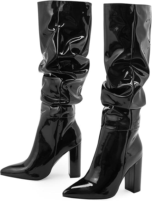 SHEMEE Womens Slouch Boots Knee High Wrinkled Block Heels Fashion Pointy Toe Chunky High Heeled T... | Amazon (US)