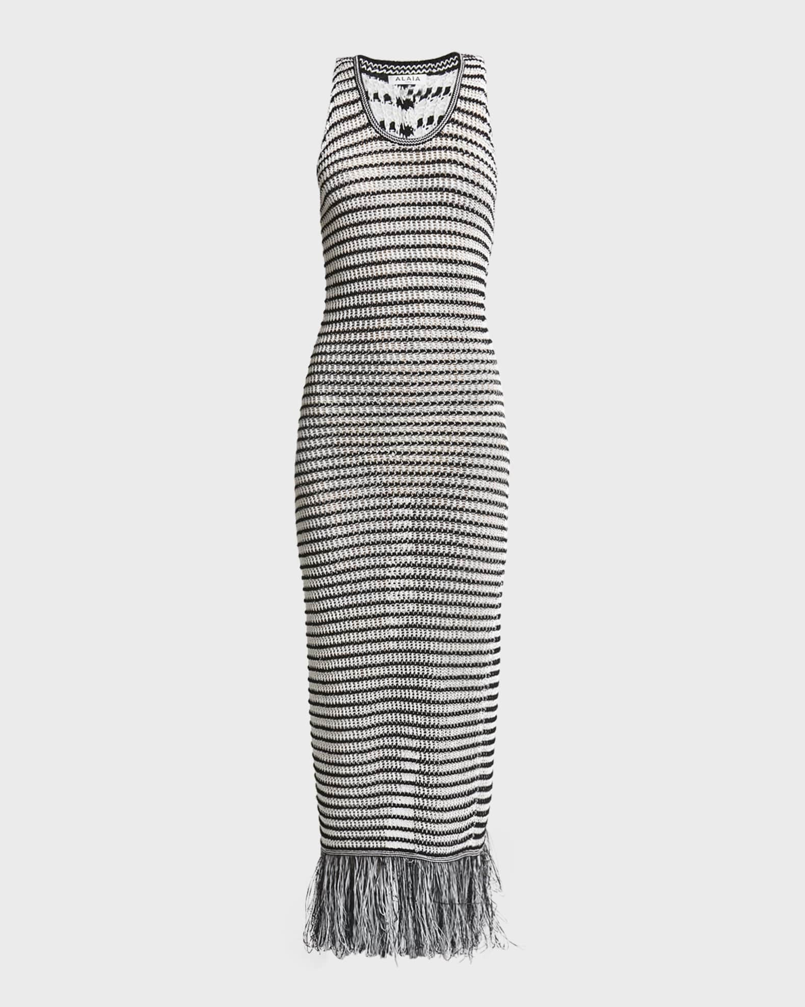 ALAIA Striped Crochet-Knit Sleeveless Maxi Dress With Fringe Hem | Neiman Marcus