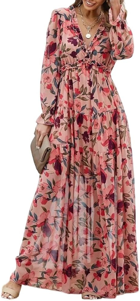 Women's V Neck Long Sleeve Floral Print Maxi Dress, Ruffled Smocked Waist Tiered Chiffon Flowy Dr... | Amazon (US)