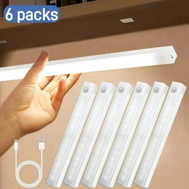 6 Pcs Rechargeable Magnetic LED Under Cabinet Lights - Motion Sensor, USB Powered White Lighting, Easy Installation Detachable For Wardrobe Office Kitchen | SHEIN