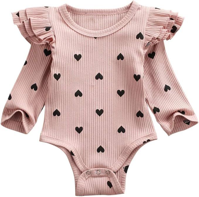 Newborn Baby Girl Ruffle Romper Kids Ribbed Long Sleeve Heart Print Bodysuit Tops Fall Winter Val... | Amazon (US)
