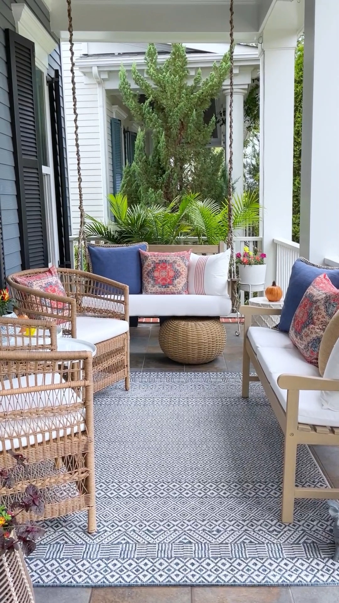 Porch Daydreamer fall vintage farmhouse pillow covers! All are affordable, come in a 2 pack, and are indoor/outdoor friendly. The blue and white indoor/outdoor rug I’ve had for YEARS outside and it’s never faded  

#LTKSeasonal #LTKhome