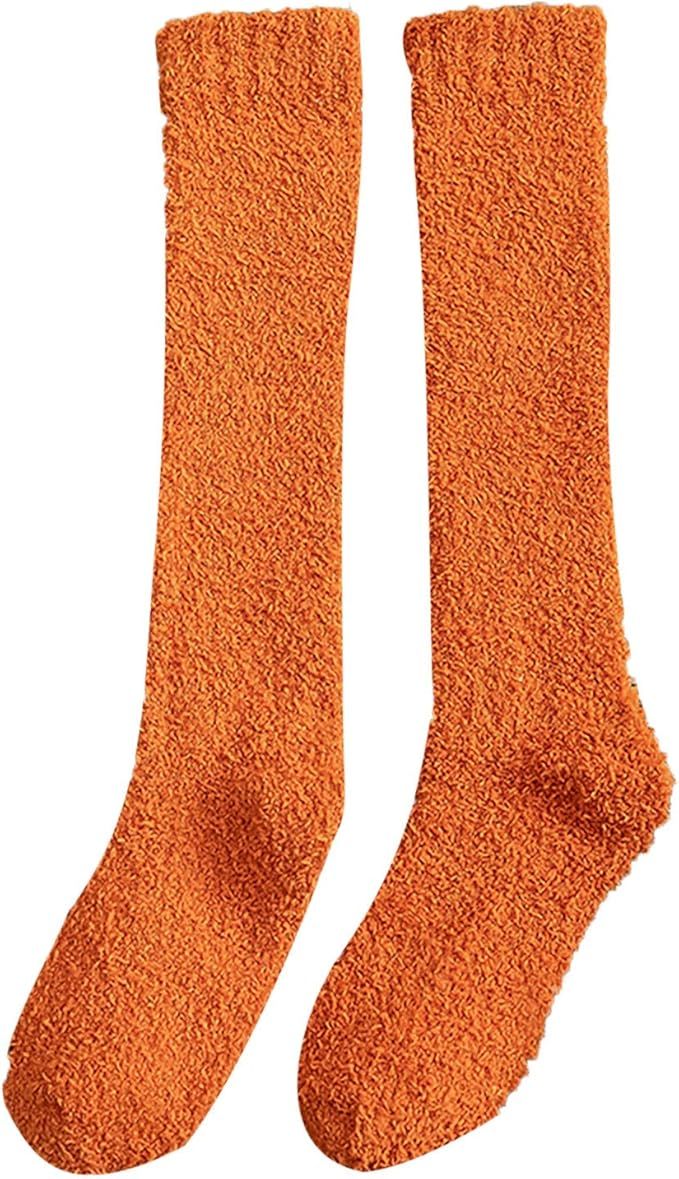 Comfortable Socks Women Coral Fleece Socks Solid Color Winter Warm Calf Socks Fluffy Soft Comfy S... | Amazon (US)