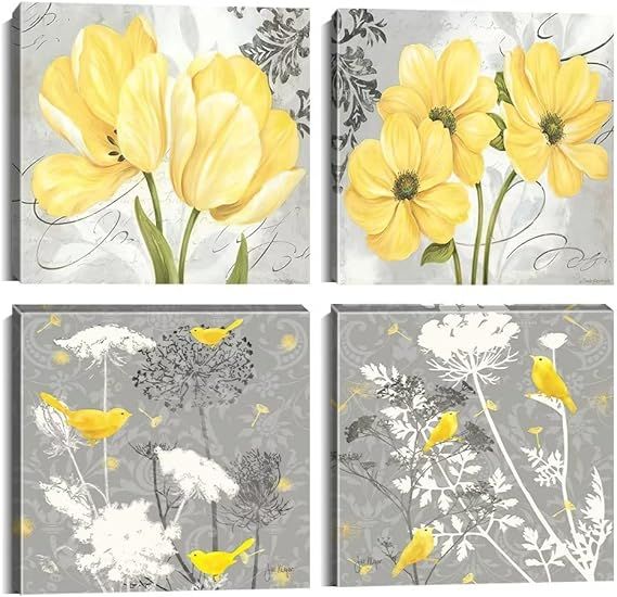 Wall HDQ Yellow Gray Wall Art Canvas Flowers Birds Wall Decor for Living Room Bathroom Abstract M... | Amazon (US)