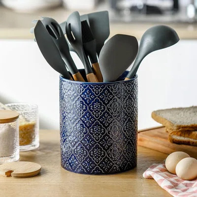 Kitchen Utensil Holder, Large Utensil Holders for Countertop, 6 x 7 Inches Ceramic Utensil Crock, Deep and Stable, Cooking Utensil Holder, Embossed Pa | Wayfair North America