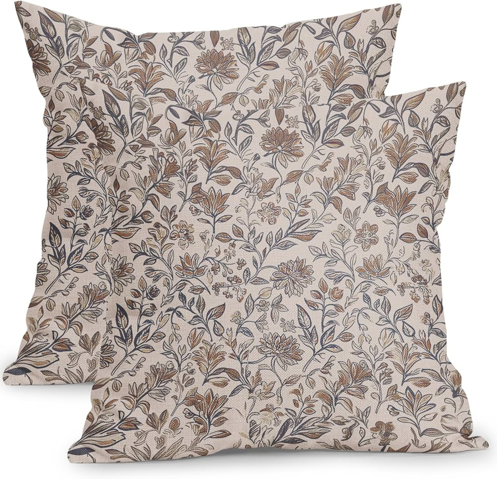 Vintage Floral Pillow Covers 18x18 Inch Set of 2 Antique Flower Block Print Throw Pillow Covers B... | Amazon (US)