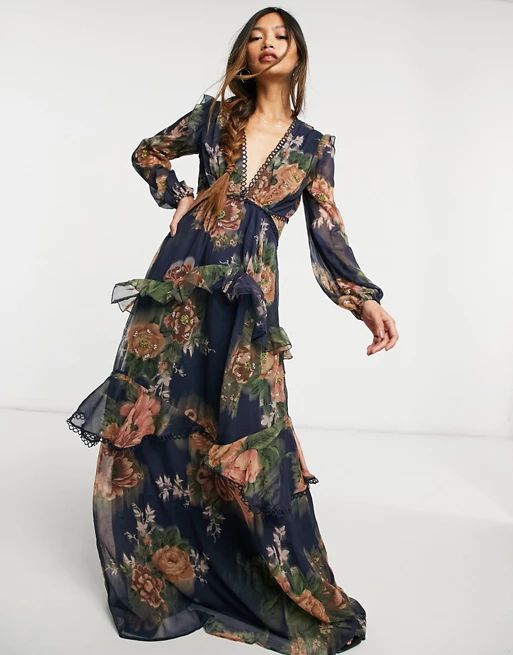 ASOS DESIGN maxi dress with long sleeve and circle trim in floral print and embellishment | ASOS (Global)