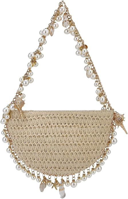 Comeon Women Straw Shoulder Handbag Pearl Conch Summer Beach Bag Chic Hand-Woven Straw Clutch Pur... | Amazon (US)