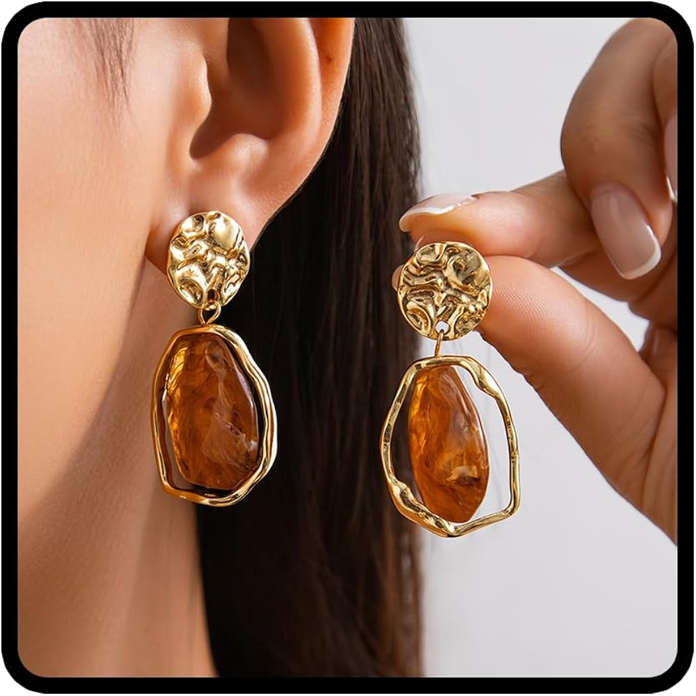 Chunky Brown Crystal Earrings for Women Irregular Crystal Dangle Earrings Gold Geometric Statemen... | Amazon (US)