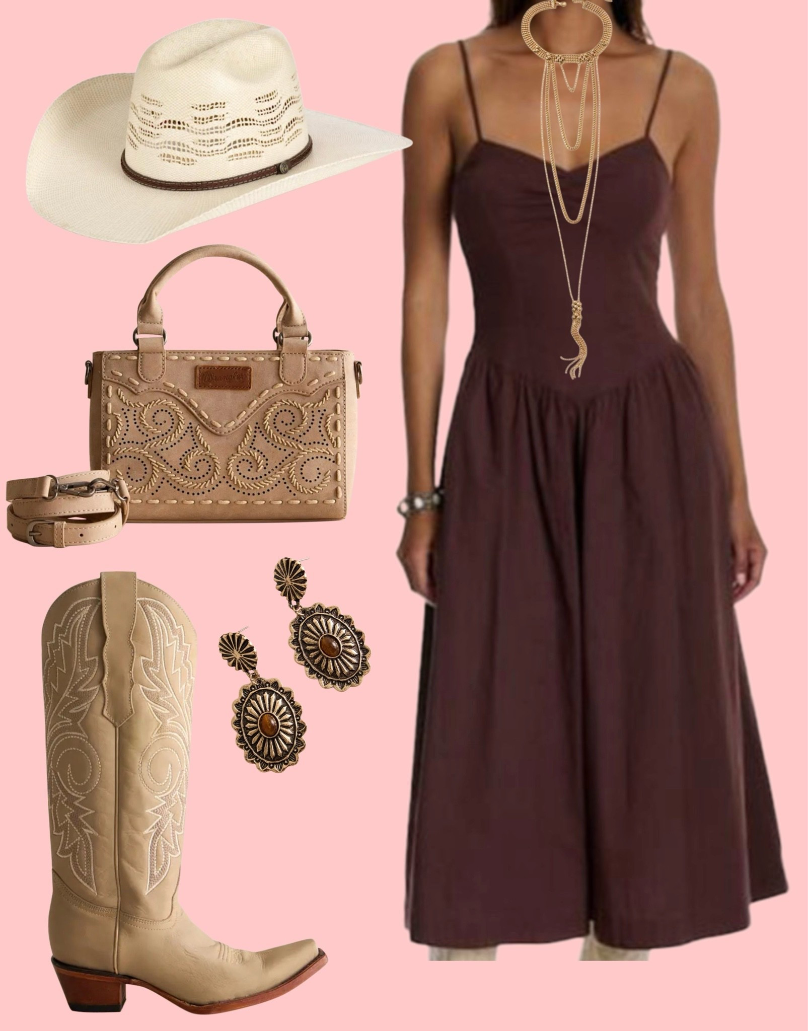 Brown midi dress styled with western accessories!

#LTKootd #LTKgrwm #LTKSeasonal