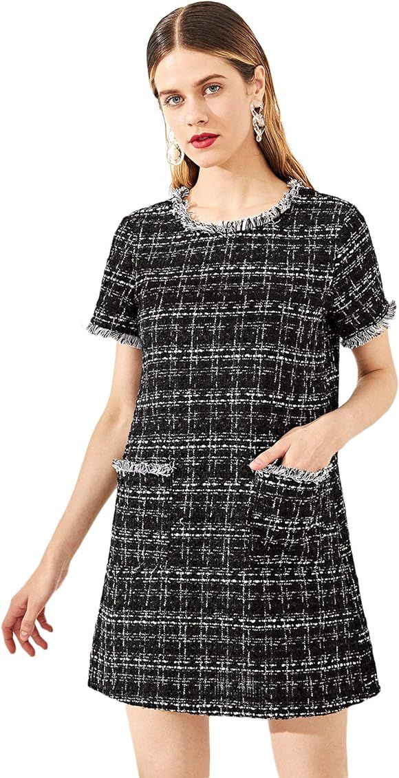 Floerns Women's Tweed Short Sleeve Shift Tunic Dress with Pockets | Amazon (US)