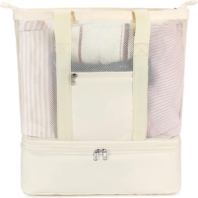 Bluboon Mesh Beach Tote Bag with Cooler Compartment Insulated Detachable Picnic Bag with Zipper a... | Amazon (US)