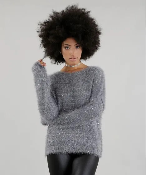 Suéter em Tricô com Paetê Cinza Mescla | C&A BR