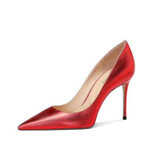 Womens Red Pointed Toe Pumps 4 Inch Stiletto High Heels Metallic Microfiber Dress Shoes Comfortable Party Nightclub Cocktail Wedding | Amazon (US)