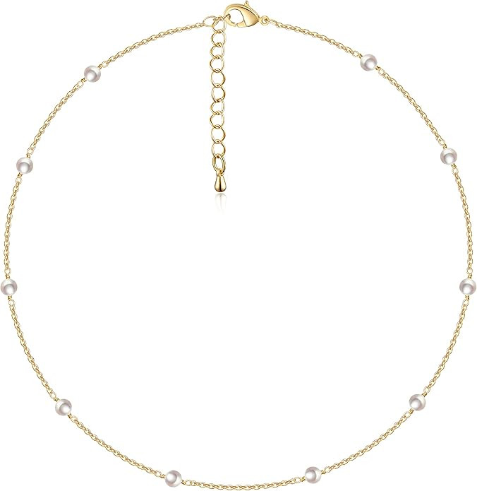 Cowlyn Pearl Choker Dainty Adjustable Necklace 18K Gold Plated Cultured Barque Pearl Tiny Chain D... | Amazon (US)