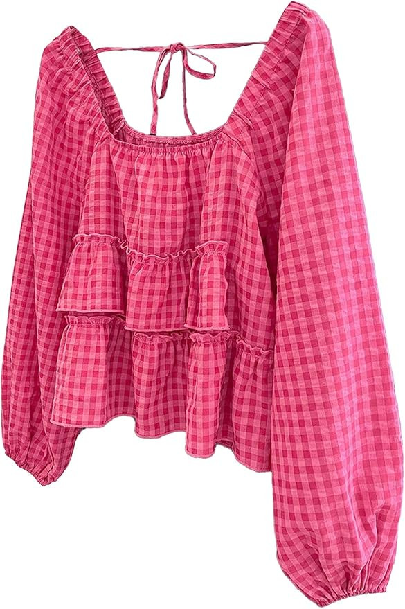 SHENHE Women's Plaid Long Puff Sleeve Ruffle Peplum Tie Back Blouse Cute Going Out Checkered Shir... | Amazon (US)