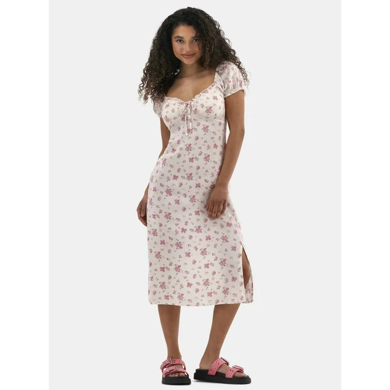 No Boundaries Midi Dress with Puff Sleeves, Women's - Walmart.com | Walmart (US)