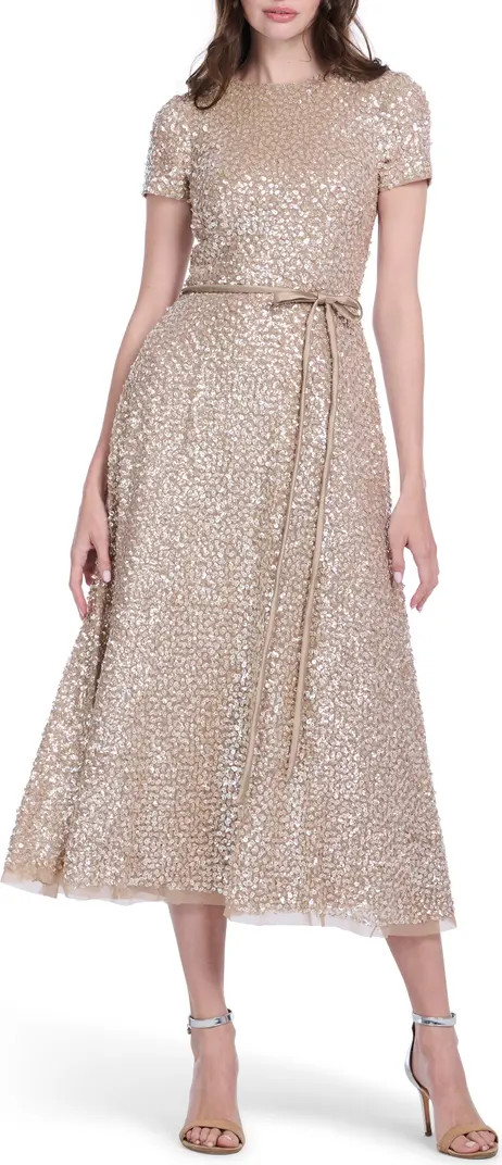 Sequin Encrusted Translucent Tie Waist Cocktail Dress | Nordstrom