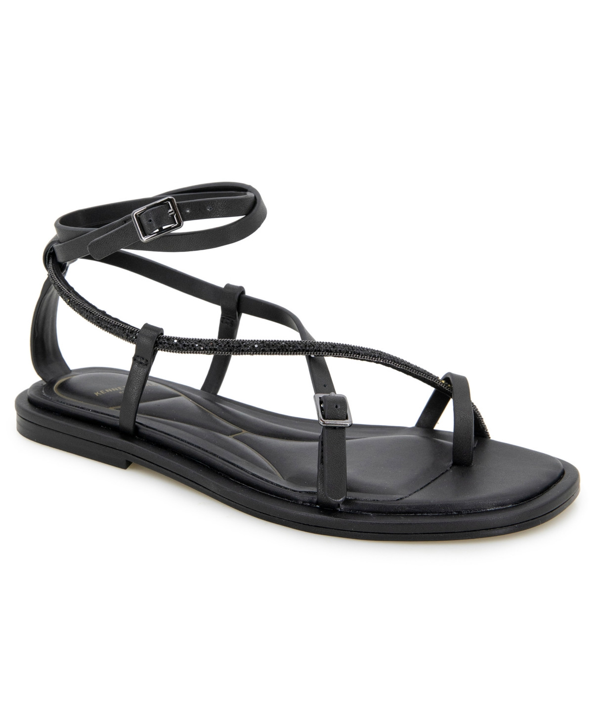 Kenneth Cole New YorkWomen's Paros Jewel Square Toe Flat Sandals - Black Leather | Macy's