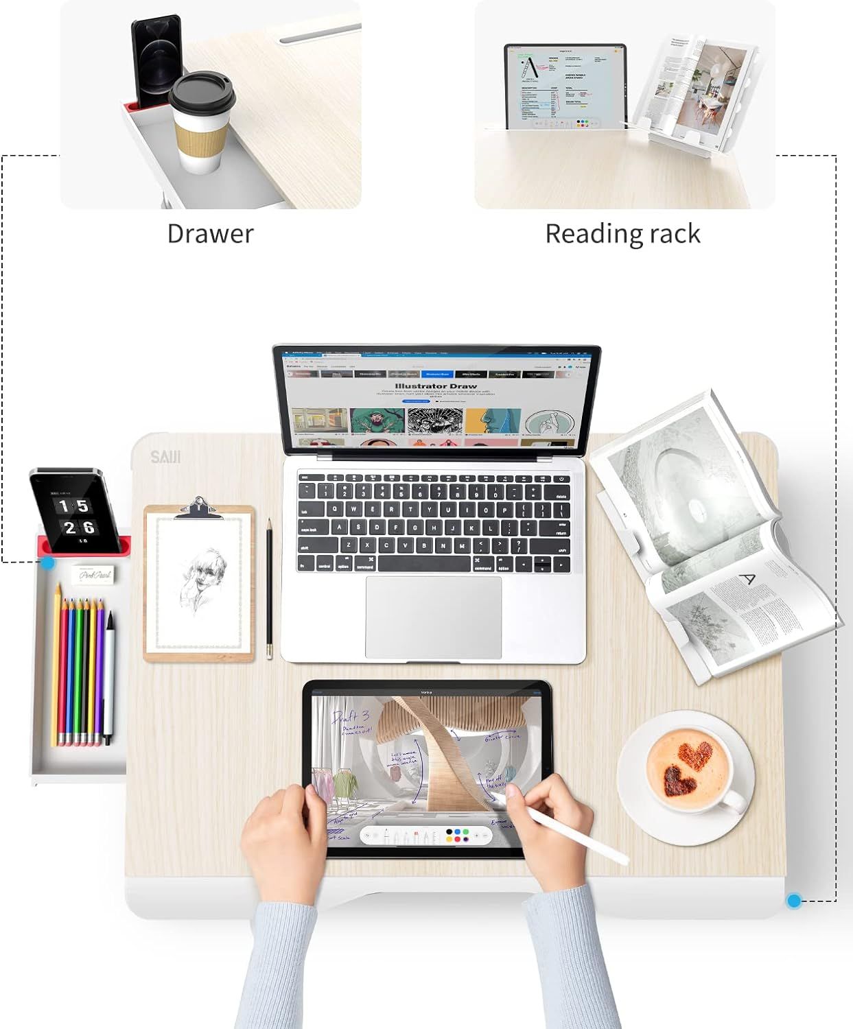 SAIJI Folding Bed Desk for Laptop, Eating Breakfast, Writing, Gaming, Extra Large 25.6" x 19.3" P... | Amazon (US)