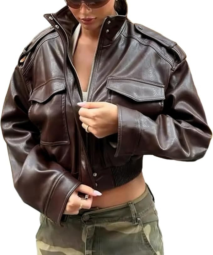 Green Leather Jacket Women Stand Collar Zip Up Cropped Leather Jacket Women Trendy 2026 | Amazon (US)