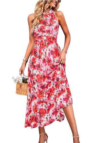 STYLEWORD Women's 2026 Summer Dress Maxi Vacation Floral Halter Neck Sleeveless Flowy Sundress with Pockets(Red Pink Floral,S) | Amazon (US)