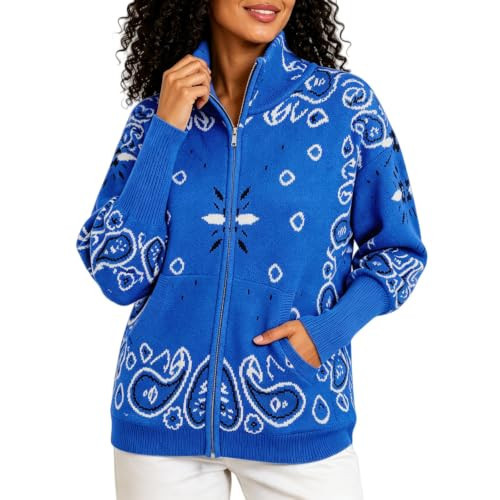 Bandana Cardigan for Women, Zip Up Printed Knit Sweater with Pockets (Royal Blue,Medium) | Amazon (US)