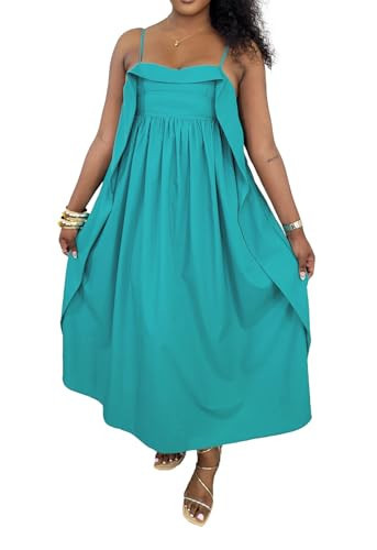 YUEWOO Midi Dresses for Women Casual Summer Sundresses Vacation Outfits Spaghetti Strap Smocked Womens Maxi Dress with Pockets Blue M | Amazon (US)