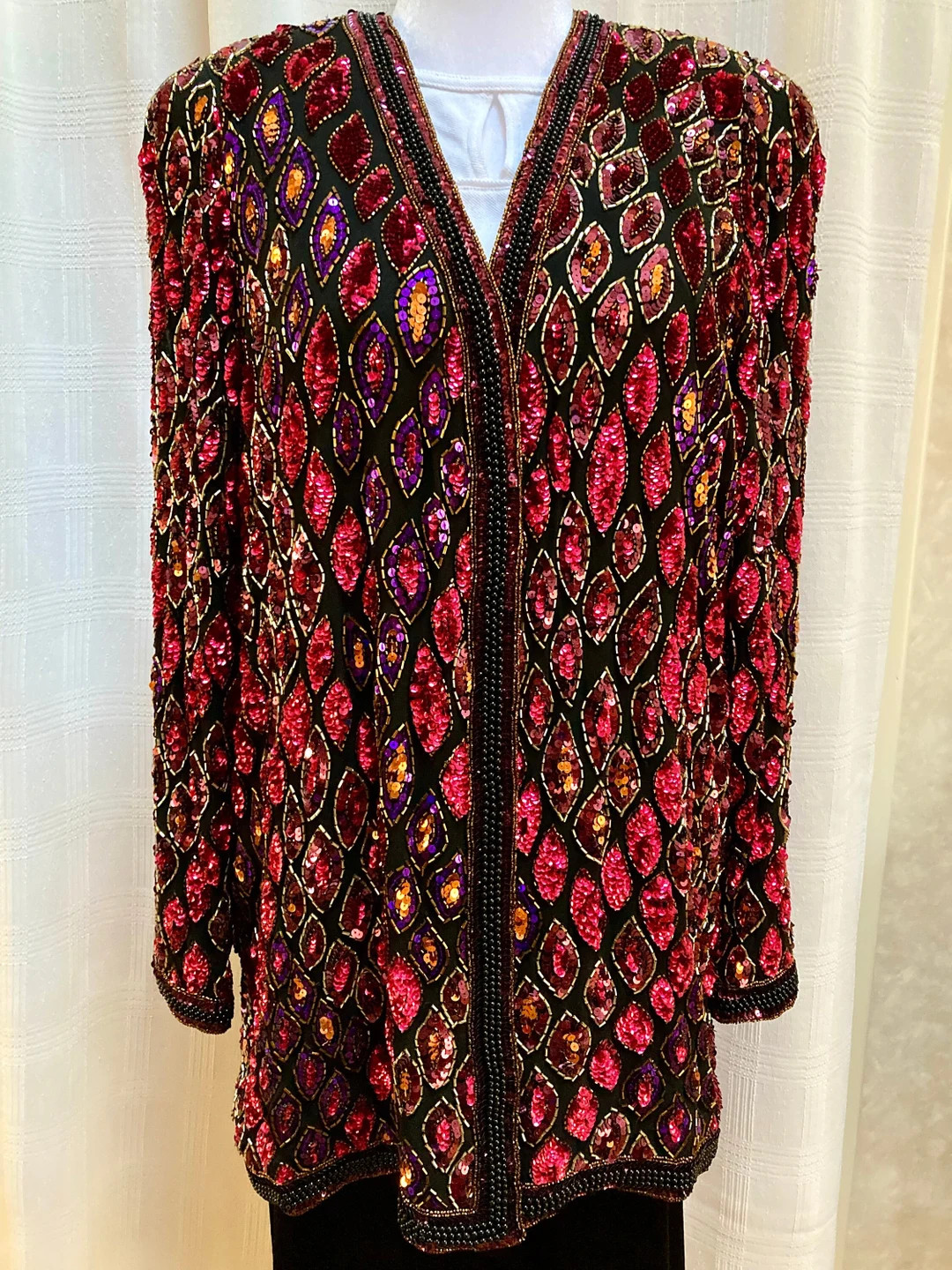 80s Vintage Oleg Cassini Black Tie beaded sequin blazer jacket. Bright pinks, purple & gold on bl... | Etsy (US)