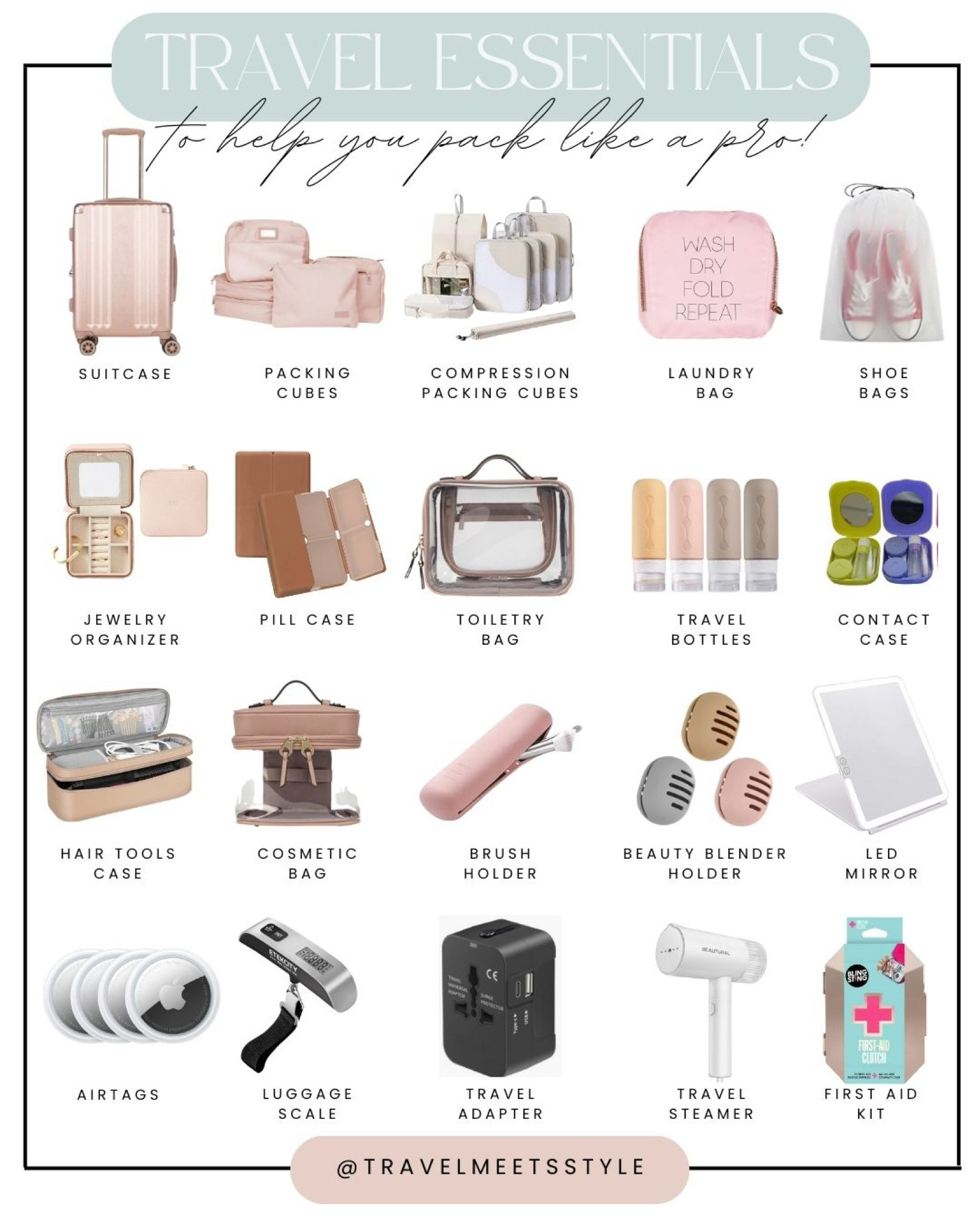 Top travel essentials to help you pack like a pro!



Rolling suitcase, CALPAK packing cubes, compression packing cubes, travel laundry bag, shoe bags, travel jewelry organizer, travel pill case, CALPAK toiletry bag, travel toiletry bottles, CALPAK cosmetics bag, silicone makeup brush holder, beauty blender holder, led travel mirror, AirTags, luggage scale, travel steamer 

#LTKTravel #LTKStyleTip