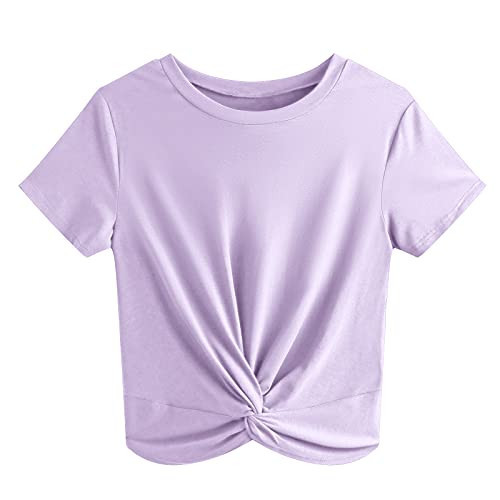 JINKESI Women's Summer Causal Short Sleeve Blouse Round Neck Crop Tops Twist Front Tee T-Shirt Purple-Small | Amazon (US)