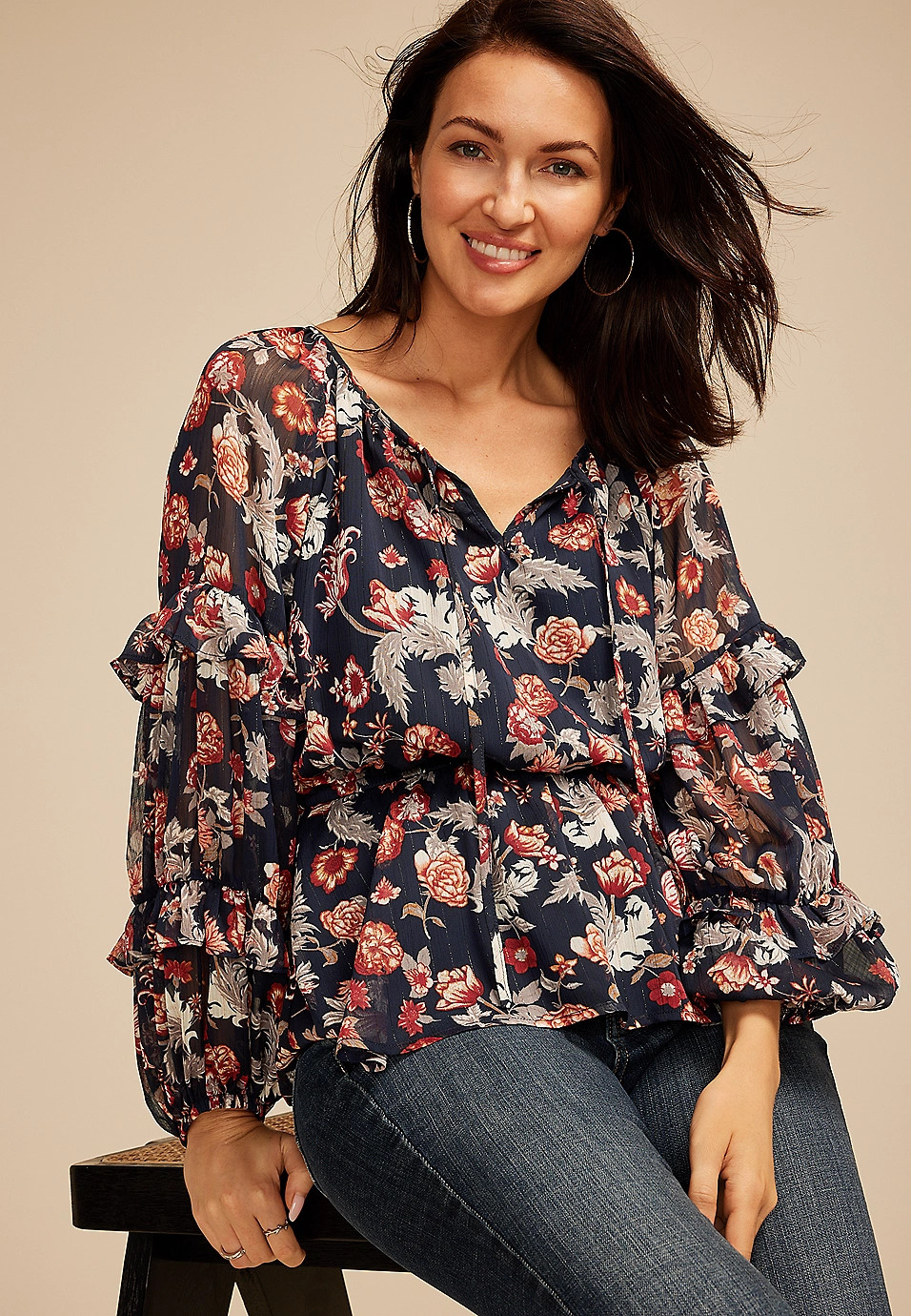 Sheer Floral Tiered Sleeve Blouse | Maurices