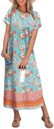 OFEEFAN Womens Maxi Dresses Casual Short Sleeve Long T Shirt Dress with Pockets Travel Vacation O... | Amazon (US)