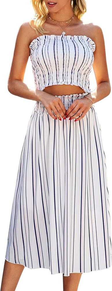 Angashion Women's Floral Crop Top Maxi Skirts Set 2 Piece Outfit Dress | Amazon (US)