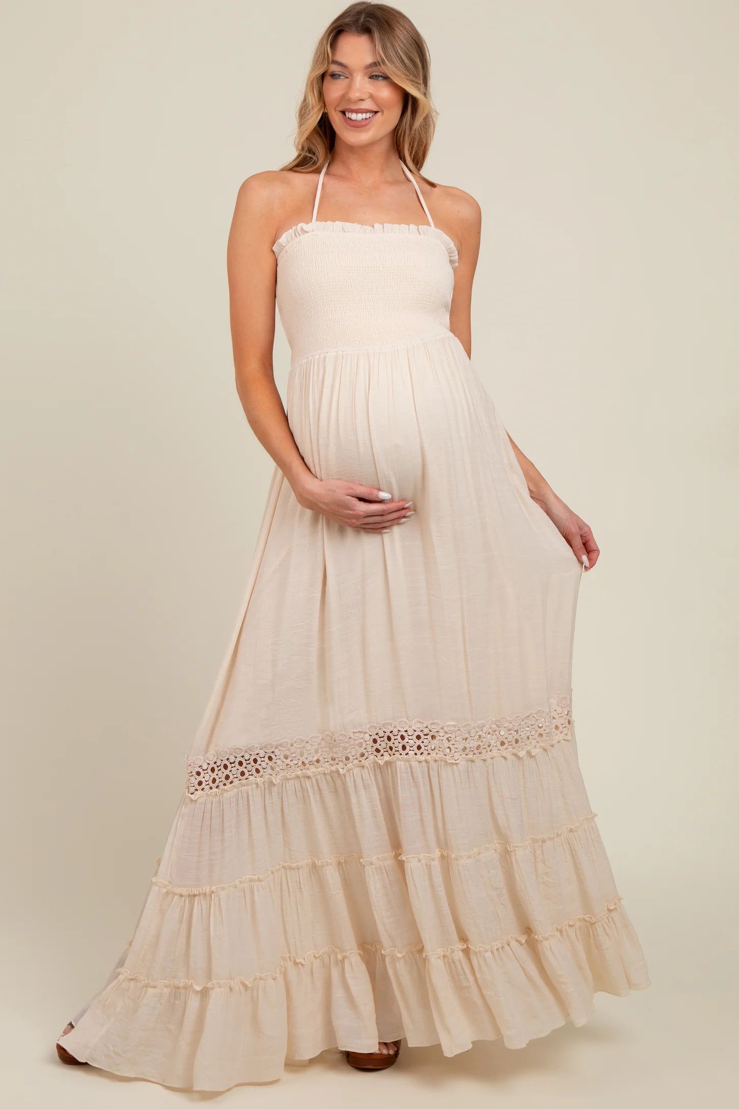 Cream Smocked Open Back Maternity Maxi Dress | PinkBlush Maternity