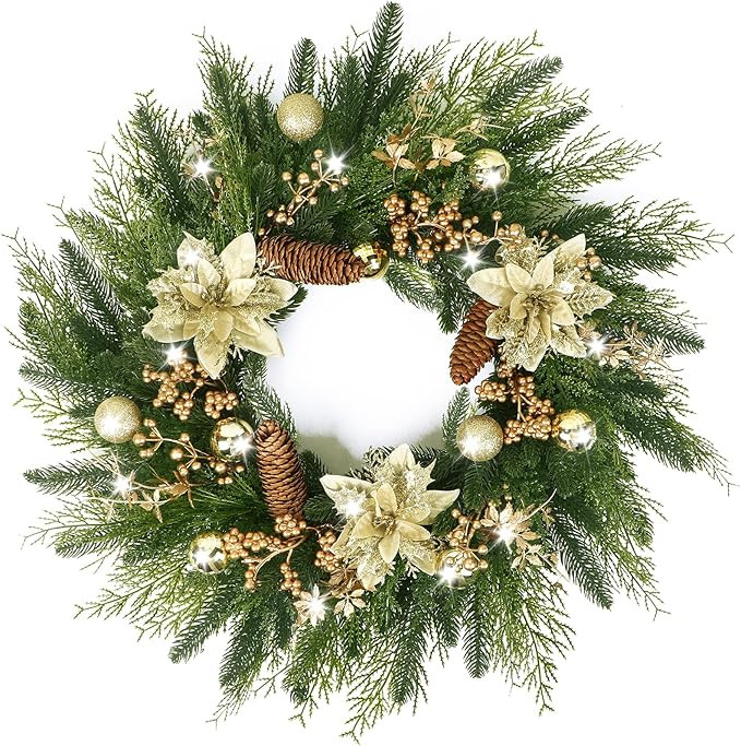 24” Christmas Wreaths for Front Door, Christmas Wreath with Lights Gold Flower Berry Leaves Bal... | Amazon (US)