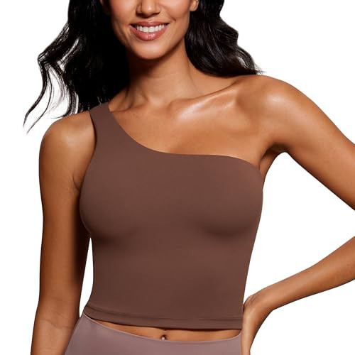 CRZ YOGA Butterluxe One Strap Longline Sports Bra for Women - Asymmetrical Yoga Crop Padded Workout Tanks Coffee Brown XX-Small | Amazon (US)