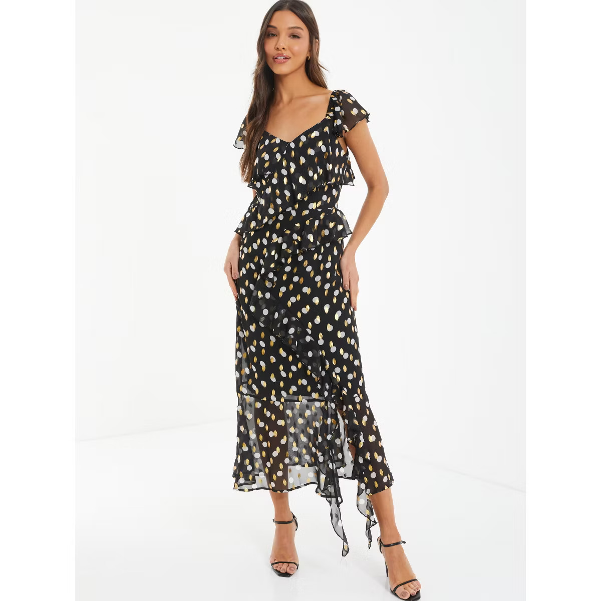 QUIZ Women's Gold & White Polka Dot Chiffon Frill Detail Midi Dress | Target