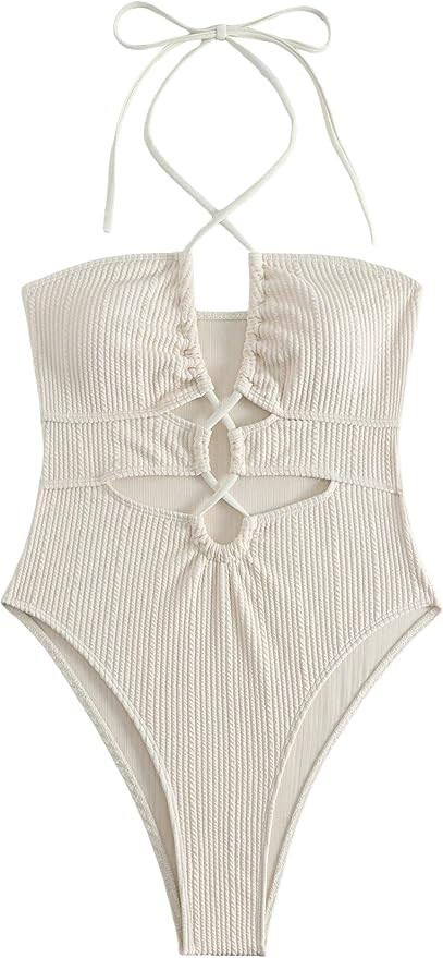 SweatyRocks Women's Criss Cross Tie Back Halter Monokini Swimsuit One Piece Cut Out Tummy Control... | Amazon (US)