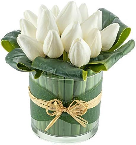 16 Artificial Real Touch White Tulips in Decorative Glass Vase for Home Decor Centrepiece Living Roo | Amazon (US)