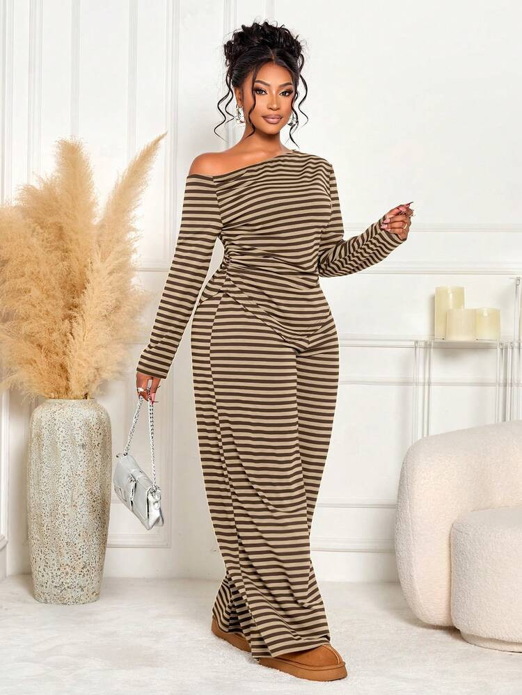 BIUBIU Plus Size Women's Casual Asymmetric Shoulder Striped Top + High Waist Wide Leg Pants 2 Pieces Set, Warm & Slimming For Autumn/Winter Elegant | SHEIN