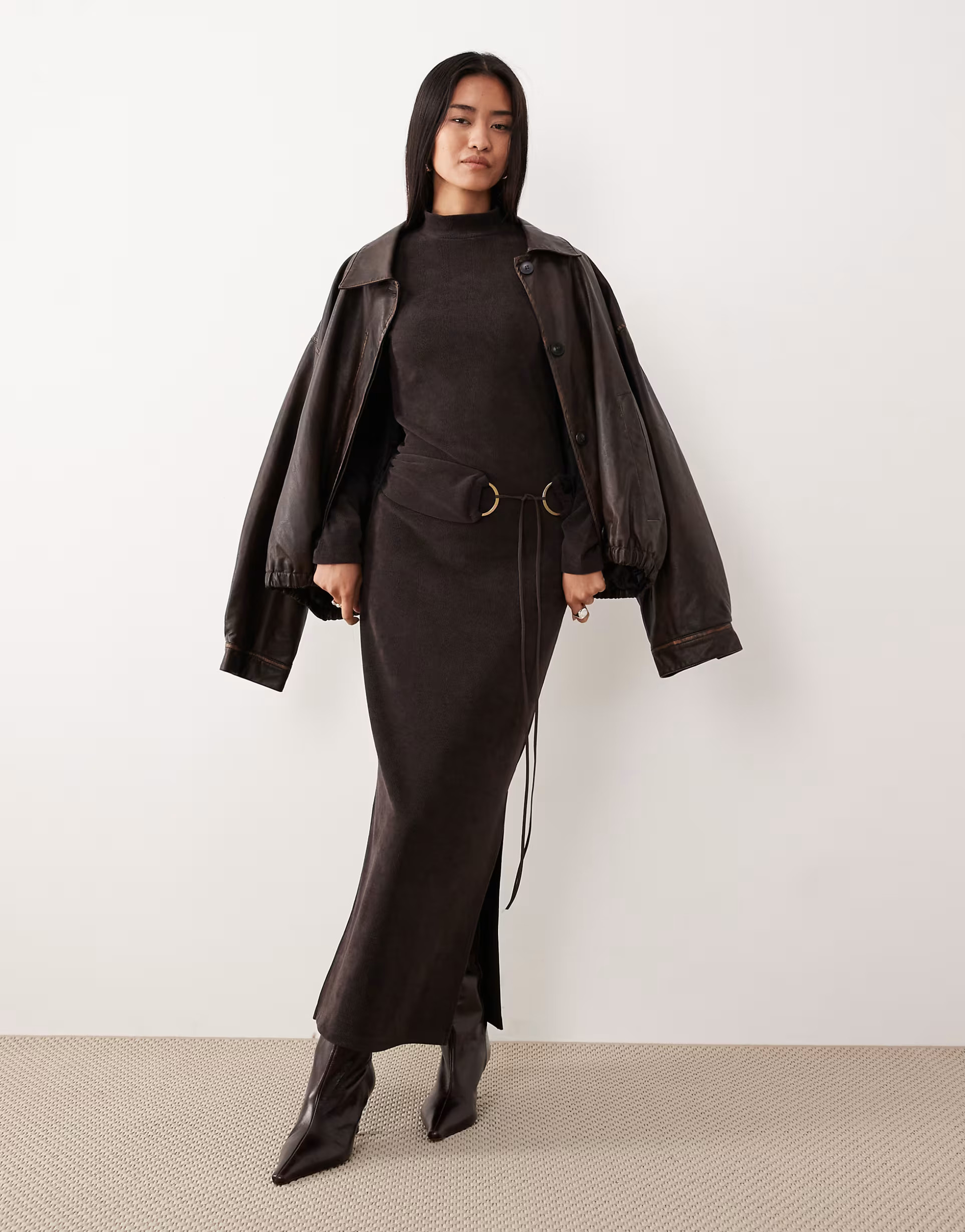 ASOS DESIGN high neck cord midi dress with hardware in chocolate | ASOS (Global)