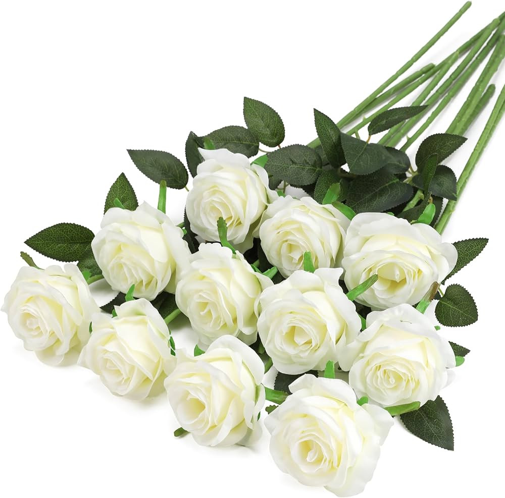 White Fake Roses Artificial Flowers - 10 Pcs Fake Artificial Roses Silk Flowers with Stems for Ho... | Amazon (US)