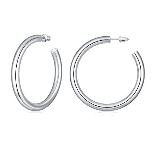 Gacimy Chunky Hoop Earrings for Women 14K White Gold Plated, 925 Sterling Silver Post Hoops for Women, 50mm Silver Tone Big Earrings | Amazon (US)