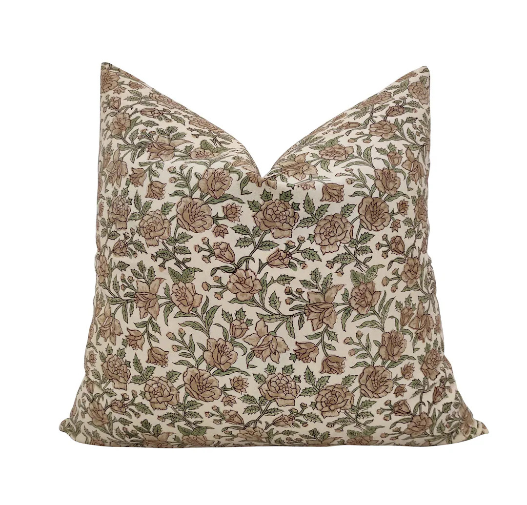 Hand Block Printed Floral Pillow Cover | Beige & Brown Cotton - Etsy | Etsy (US)