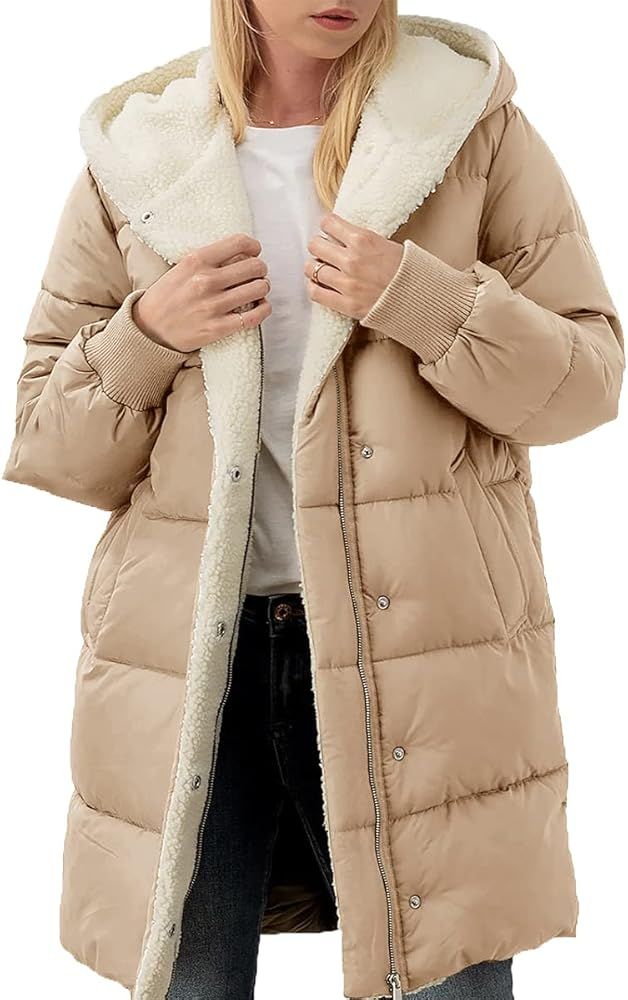 Ebifin Womens Winter Warm Coats Sherpa Fleece Lined Long Hooded Puffer Jacket | Amazon (US)